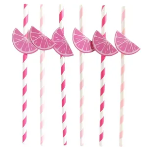 Pajitas de papel de limón rosa para decoración de fiestas, pajitas desechables.