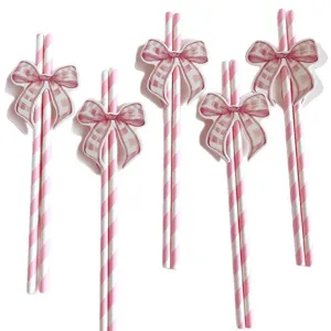 Pajitas de papel con lazo rosa ecologicas desechables accesorios de fiesta practicos 50pz