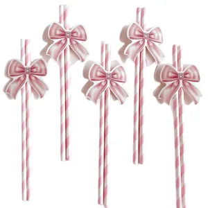 Pajitas de papel con lazo rosa ecológicas, pajitas desechables a rayas lindas para fiestas.