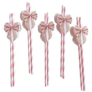 Bonitas pajitas de papel con lazo rosa pajitas ecológicas desechables para fiestas y hogar