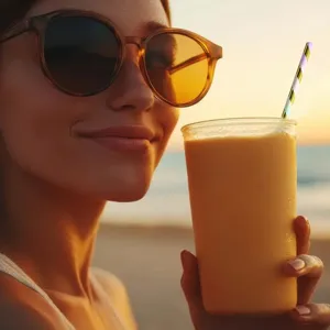 Détail de paille en papier rayée d'or coloré dans une boisson de plage d'été pour fête.