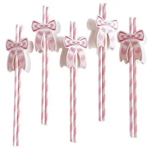 Set de pajitas de papel con lazo rosa, pajitas desechables rayadas ecológicas fiestas.