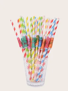 Colorful paper drinking straws with decorative cocktail umbrellas, eco-friendly party supplies.
