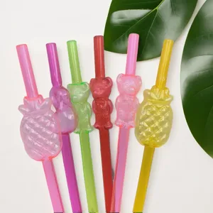 Colorful reusable PVC animal and fruit shaped drinking straws detail view for party supply