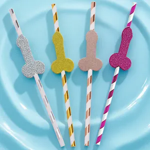 Pajitas de papel para despedida de soltera con decoracion brillante y rayas coloridas.