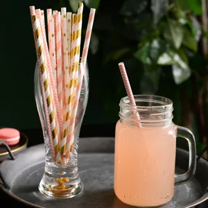 Biodegradable paper straws, pink and gold foil striped party drinking straws 6x197mm.