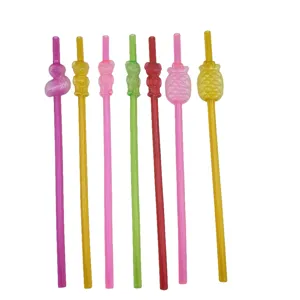 Reusable plastic drinking straws with cute animal and fruit shapes for party decoration.