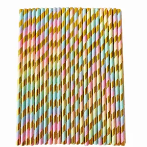 Pailles en Papier Rayées Or Coloré Pailles Jetables Biodegradables Pour Fête d'Anniversaire Mariage Décoration de Table de Desserts