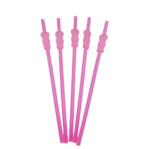 Reusable pink plastic drinking straws with cute bear design for party and daily drink use.
