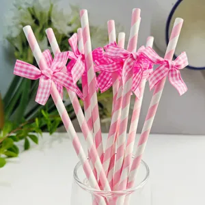 Pink and white striped paper straws with cute pink plaid bows, perfect for party and wedding.
