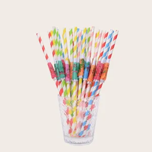 Disposable Paper Drinking Straws With Mini Umbrella Colorful Biodegradable Striped Straws For Party Bar Drink Decoration