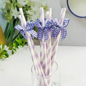 Purple striped paper straws with blue gingham bows, ideal for party decoration and dessert tables.