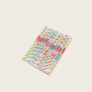 Colorful paper drinking straws with umbrella decorations, eco-friendly party tableware pack.