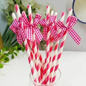 Pink white striped paper straws with plaid bow knots for party decoration dessert table decor