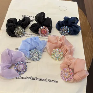 Chouchous de cheveux coréens élégants en strass et mousseline fleur queue de cheval