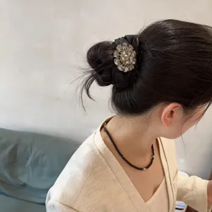 Chouchou de cheveux noir élégant en strass cristal pour femme, attache queue de cheval.