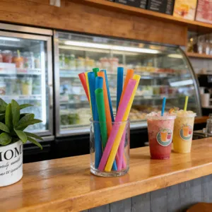 Vista dettagliata di cannucce di plastica larghe e colorate per bubble tea e bevande.