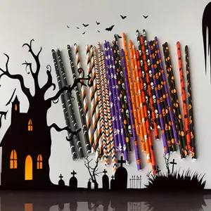 Halloween paper straws disposable party drinkware pumpkin skull pattern decor set