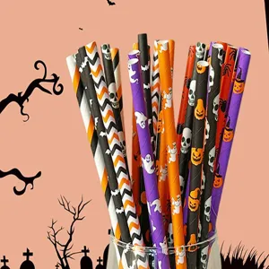 Halloween paper straws with pumpkin skull ghost patterns for party dessert decoration details.