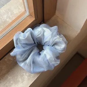 Gedetailleerd overzicht van een lichtblauwe dubbellaagse mesh haarelastiek, organza haarband.