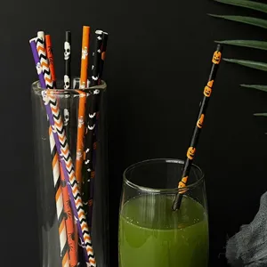 Halloween paper straws with pumpkin skull ghost patterns for party decoration detail view