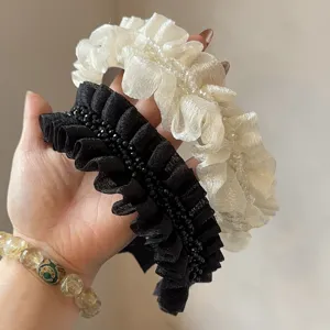 Korean style pleated crystal headband set, sweet mesh hair hoop for women and girls daily wear.