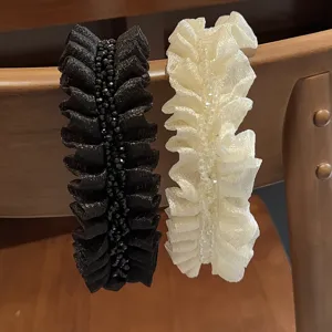 Sweet Fabric Pleated Headband for Women Rhinestone High Top Hairband Elegant Solid Color Ruched Hair Hoop Styling Accessory