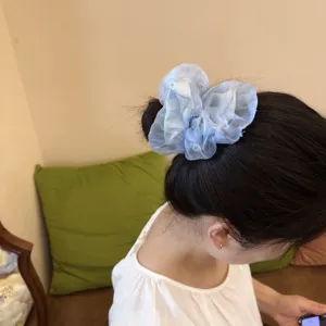 Koreaans dubbellaags mesh haarscrunchie, lichtblauwe haarelastiek voor knot dagelijks gebruik.