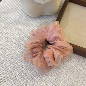 Koreaanse stijl dubbellaagse mesh haarscrunchie roze glanzend zoete haarband voor dagelijkse
