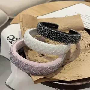 Korean handmade crystal beaded padded headband vintage baroque hair hoop for women chic