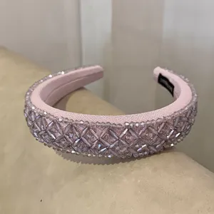 Handcrafted crystal beaded baroque sponge headband detail, luxury pink hair hoop for women.