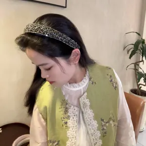 Korean handmade crystal beaded headband baroque retro high cranial top hair hoop accessory