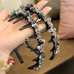 Crystal stone multi-tooth headband handmade woven hair hoop detail close up view accessory