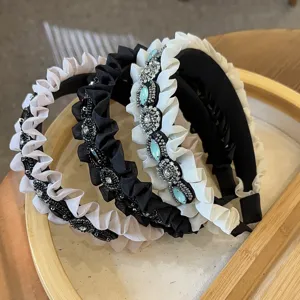 Korean retro pleated rhinestone headband with ruffles, elegant sweet hair accessory