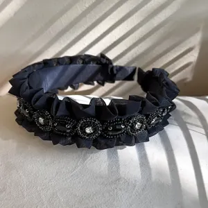 Black ruffled rhinestone headband detail, Korean style vintage hair hoop with sparkling crystals.