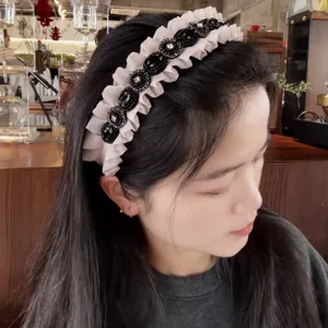 Ruffled rhinestone vintage headband sweet black beaded hair hoop detail fashion hair accessory