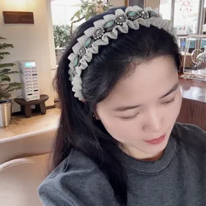 Pleated rhinestone headband with ruffled edge, vintage sweet hair accessory for women.