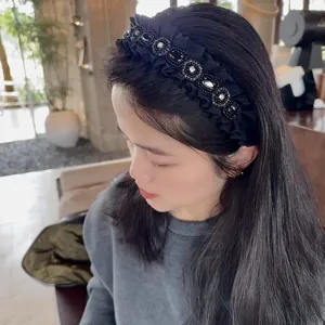 Korean style black ruffled rhinestone headband sweet vintage hair hoop accessory for women