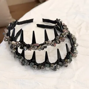 Handmade crystal spiked headband with colorful stones, detailed view of woven hair hoop.
