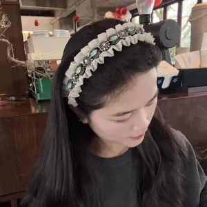 Korean vintage rhinestone headband with ruffled edge sweet hair hoop for daily fashion wear
