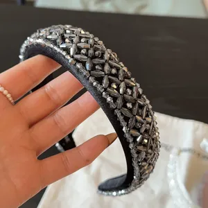 Handmade crystal beaded headband baroque vintage padded hair hoop for women black fashion