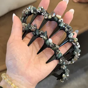 Handmade Artificial Crystal Woven Headband With Hair Teeth Non Slip Hard Fashion Head Band Hair Accessories For Women