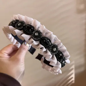 Korean vintage rhinestone ruffled headband detail, black beaded flower chic hair hoop accessory.