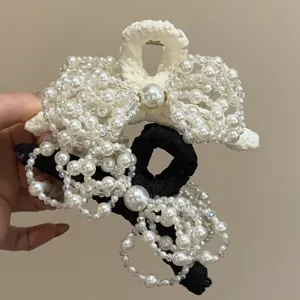 Eleganter Stoff Künstliche Perle Schleife Haarklammer Französisch Vintage Strass Haarkralle Für Damen Haarstyling Accessoires