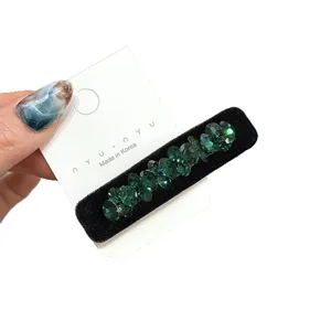 Pince à cheveux de luxe coréenne en velours noir et strass vert foncé accessoire élégant