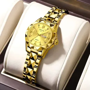Golden women quartz watch with diamond-cut bezel and calendar function for daily wear.