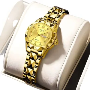 Gold women quartz watch with diamond-cut faceted strap and calendar display for daily wear.