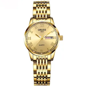 Reloj de cuarzo dorado para mujer con correa de metal, números romanos y función de calendario.