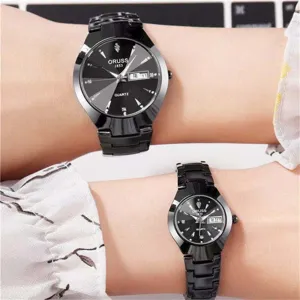 Élégant ensemble de montres à quartz pour couple avec bracelet en acier noir et date.