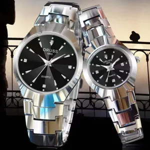 Montres à Quartz en Alliage de Luxe pour Couples Index en Strass Verre Minéral Jour Date Bracelet en Acier